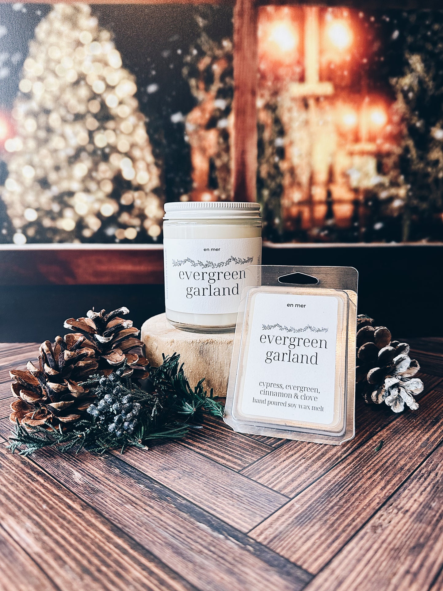 en mer | evergreen garland  | soy wax candle & melts