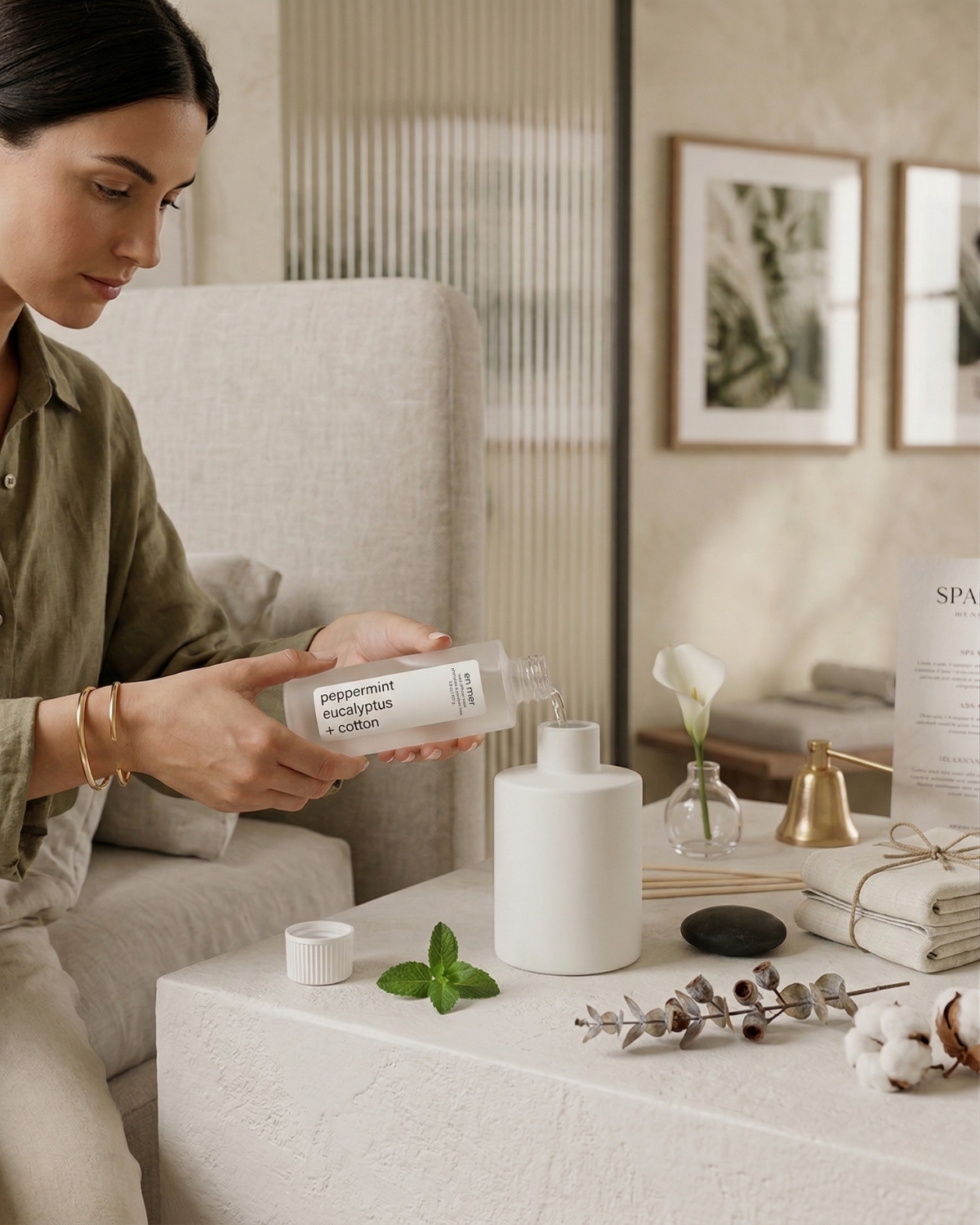 peppermint, eucalyptus + cotton | reed diffuser base by en mer