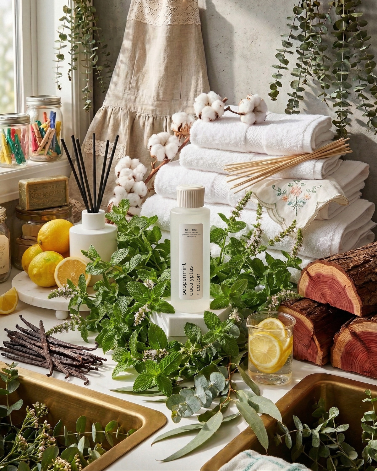 peppermint, eucalyptus + cotton | reed diffuser base by en mer