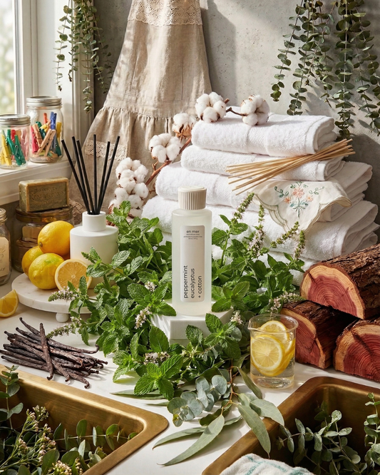 en mer | peppermint, eucalyptus + cotton | reed diffuser base