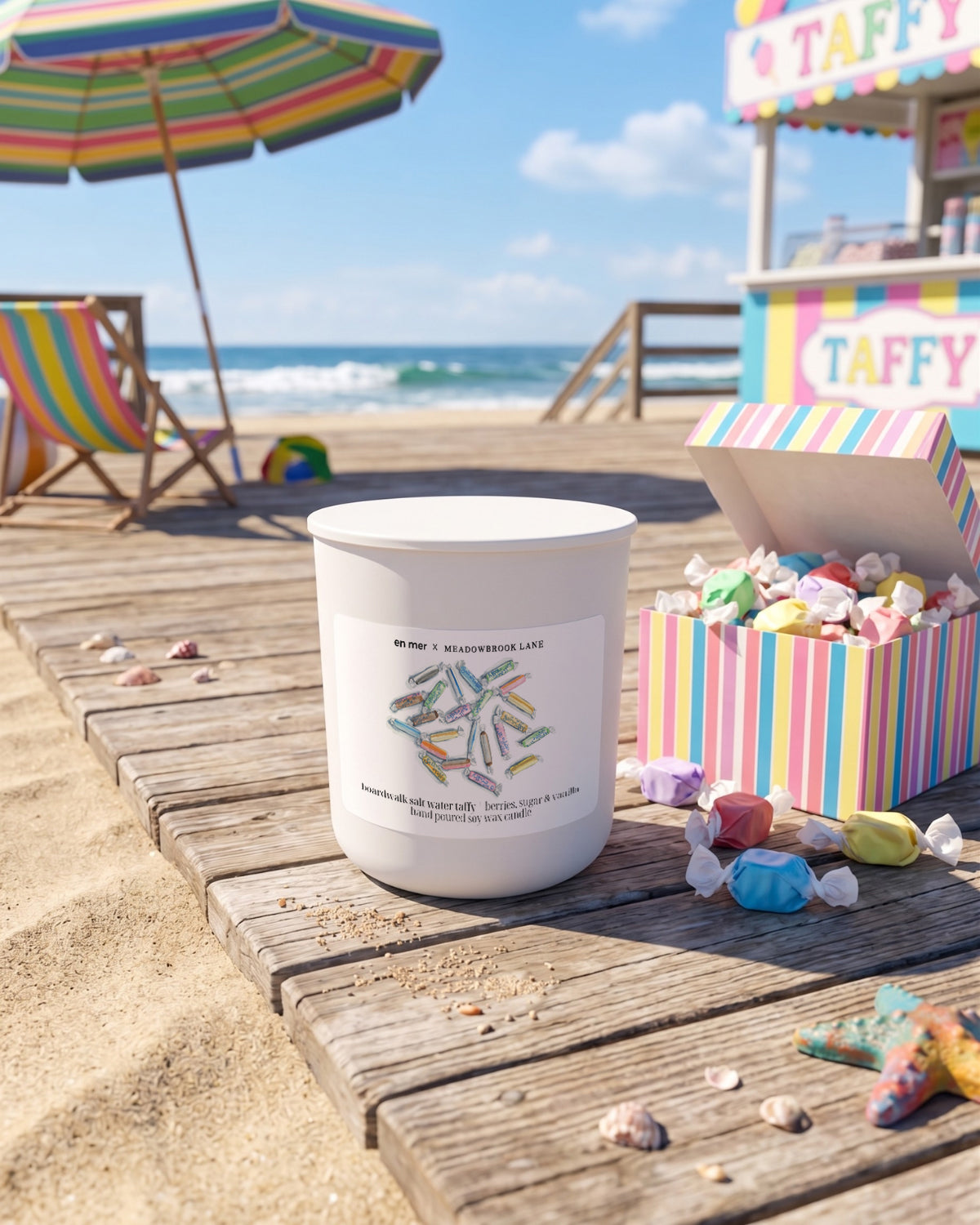 boardwalk salt water taffy | soy wax candle by en mer x Meadowbrook Lane